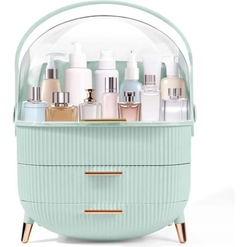 New Light Green Makeup Organizer, Vanity Storage with Lid & Drawers for Skincare