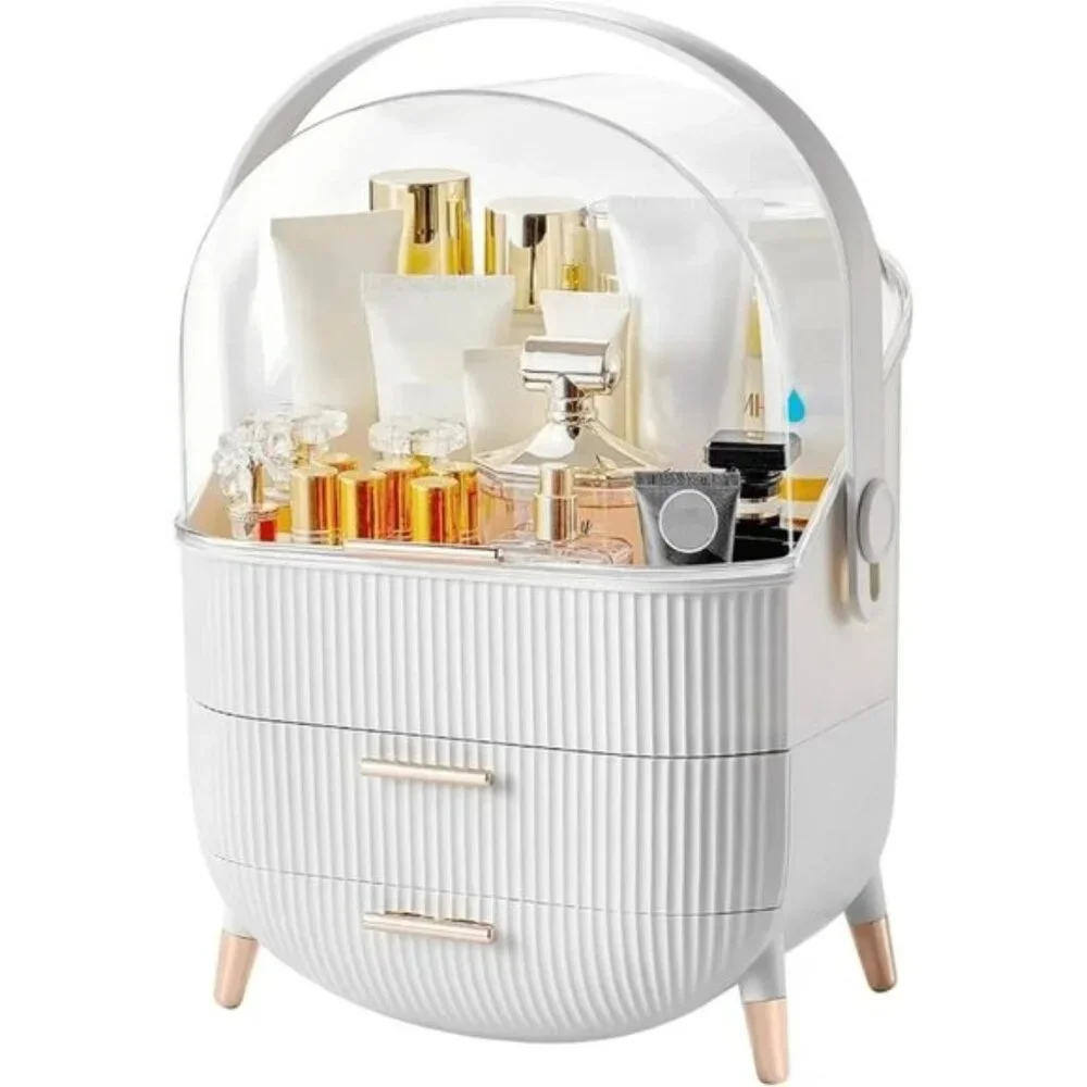 New Makeup Organizer with Lid & 2 Drawers, Large, Dustproof Vanity Storage Box