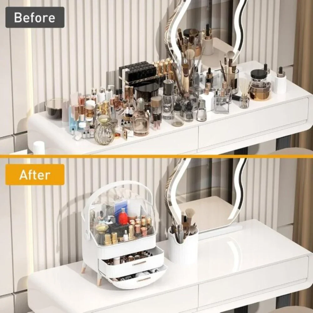 New Makeup Organizer with Lid & 2 Drawers, Large, Dustproof Vanity Storage Box