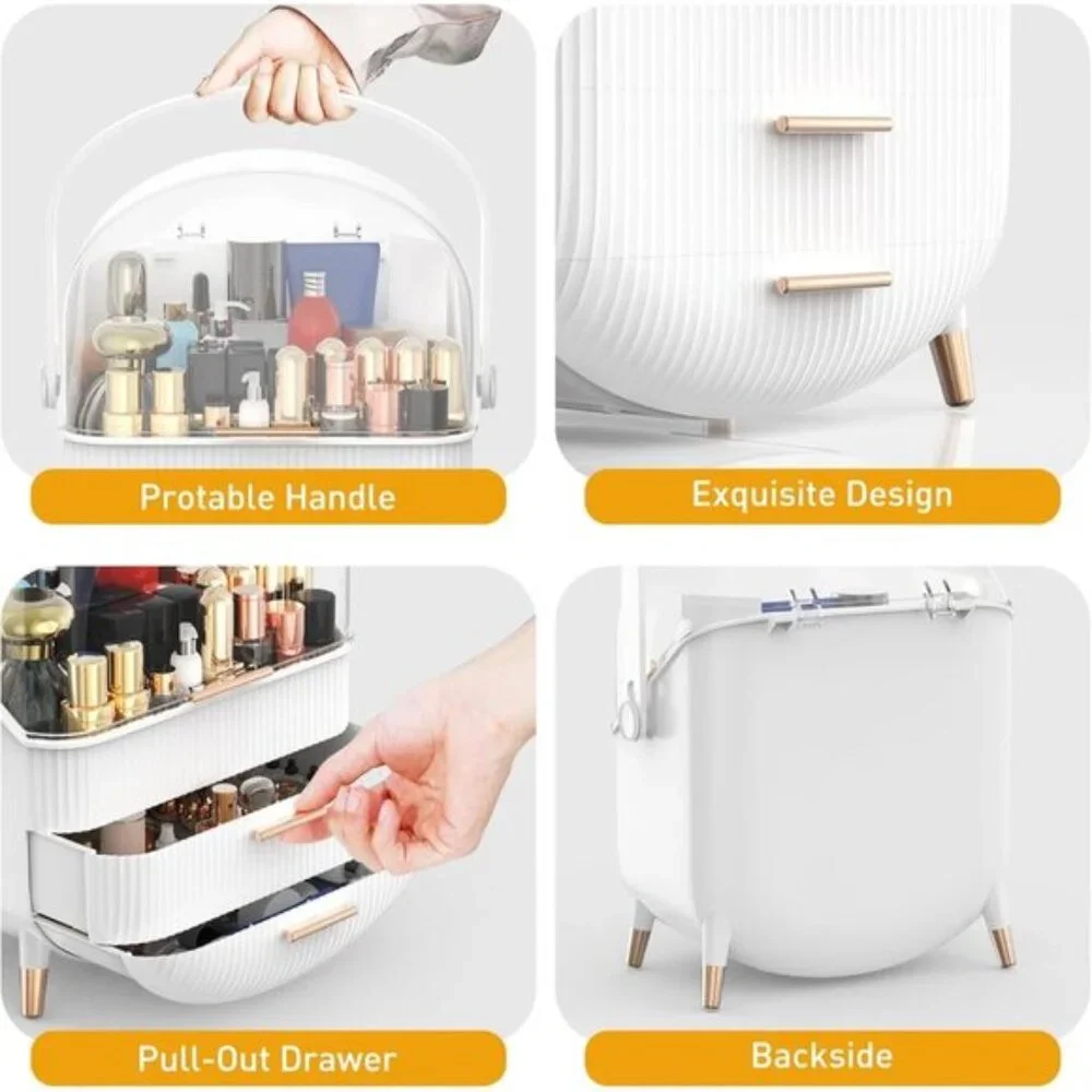 New Makeup Organizer with Lid & 2 Drawers, Large, Dustproof Vanity Storage Box