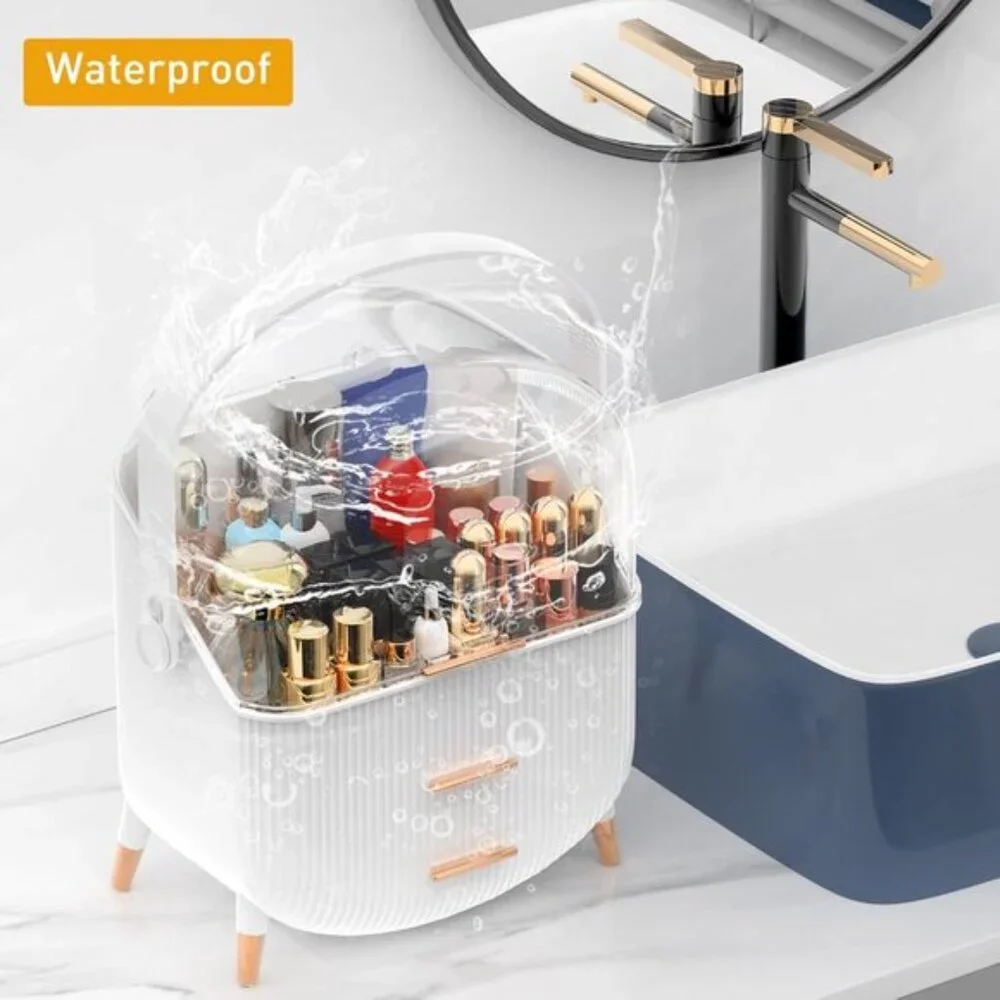 New Makeup Organizer with Lid & 2 Drawers, Large, Dustproof Vanity Storage Box