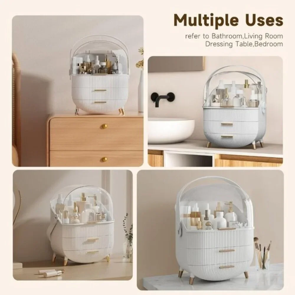 New Makeup Storage Organizer with Lid, Waterproof Vanity Box for Skincare, White