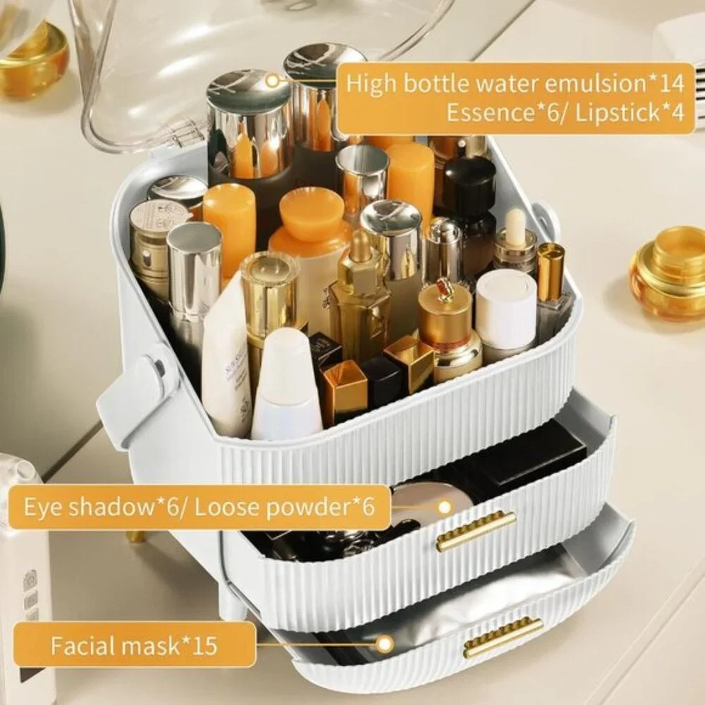 New Makeup Organizer with 2 Drawers, Skincare & Lipstick Storage Box in White