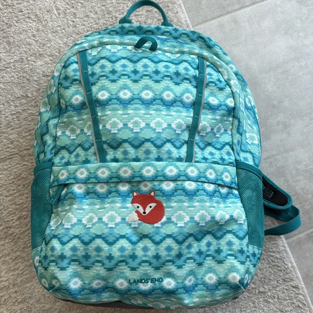 Gently Used- Lands' End Classmate Girls Turquoise Patterned Embroidered Backpack
