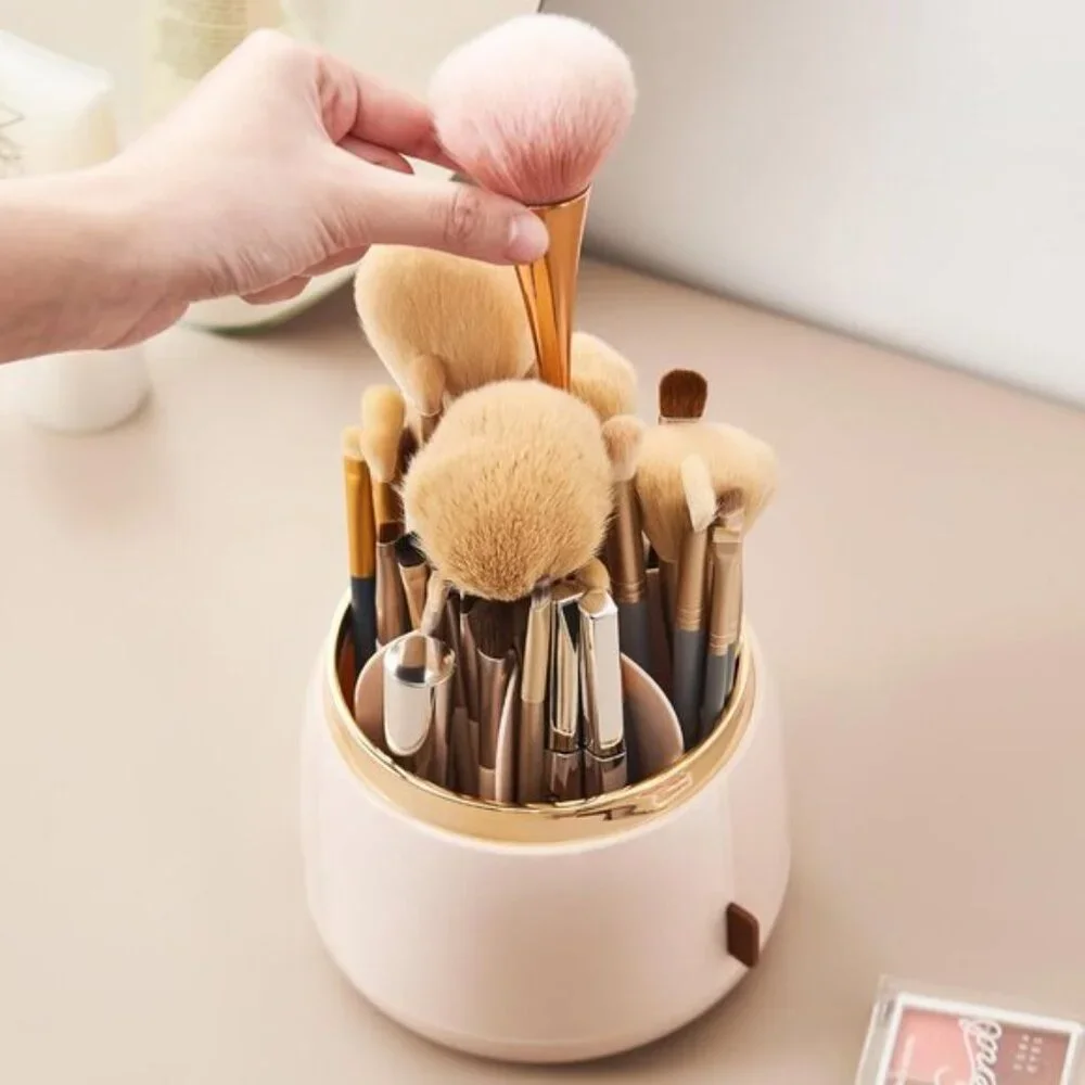 360° Rotating Makeup Brush Holder with Lid, Dustproof Organizer in Pearl White
