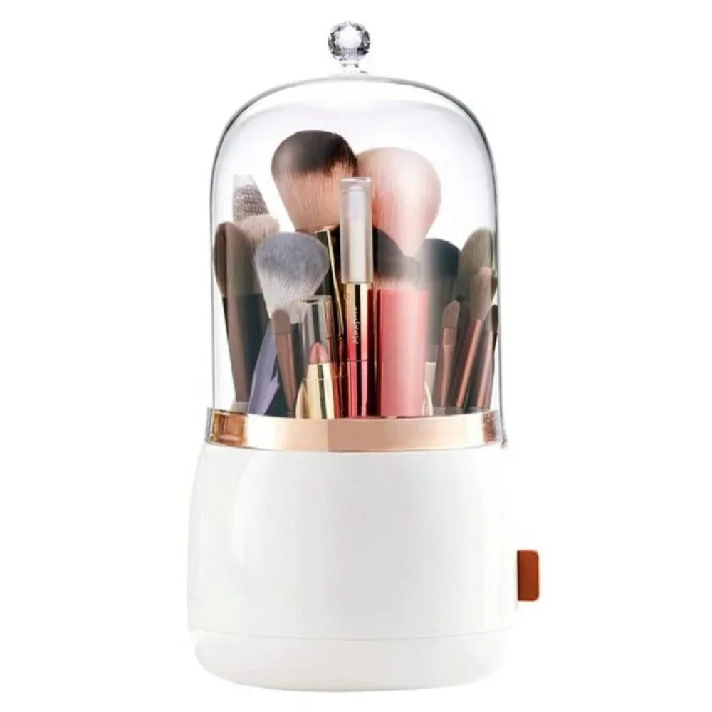360° Rotating Makeup Brush Holder with Lid, Dustproof Organizer in Pearl White