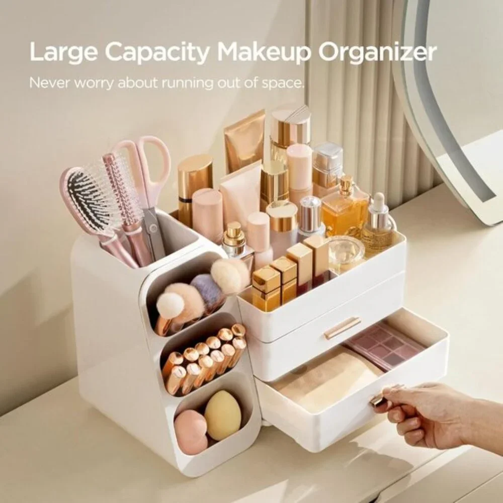 Makeup Organizer with Brush Holder, Large All-White Vanity & Skincare Storage