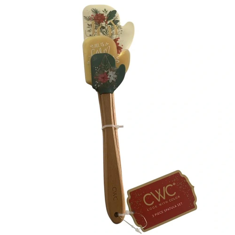 CWC Cook With Color 3 Piece Joy Merry Christmas Poinsettia Silicone Spatula Set