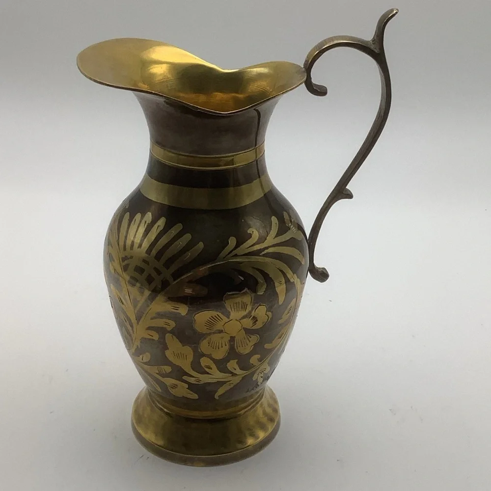 Renco India Etched Flower Brass Vase/Pitcher