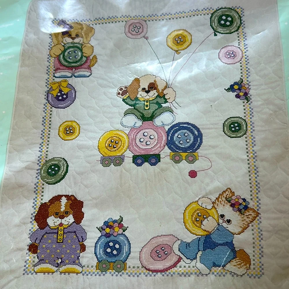 NIP Complete Baby Quilt Kit Cute As A Button + NIP Birth Record Kit Cross Stitch