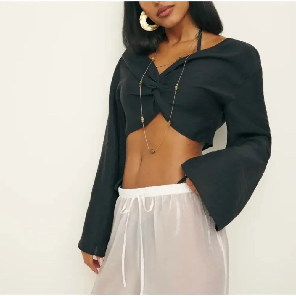REFORMATION Keegan Top Ibiza Collection Womens XS Black Long Sleeve Twist Crop