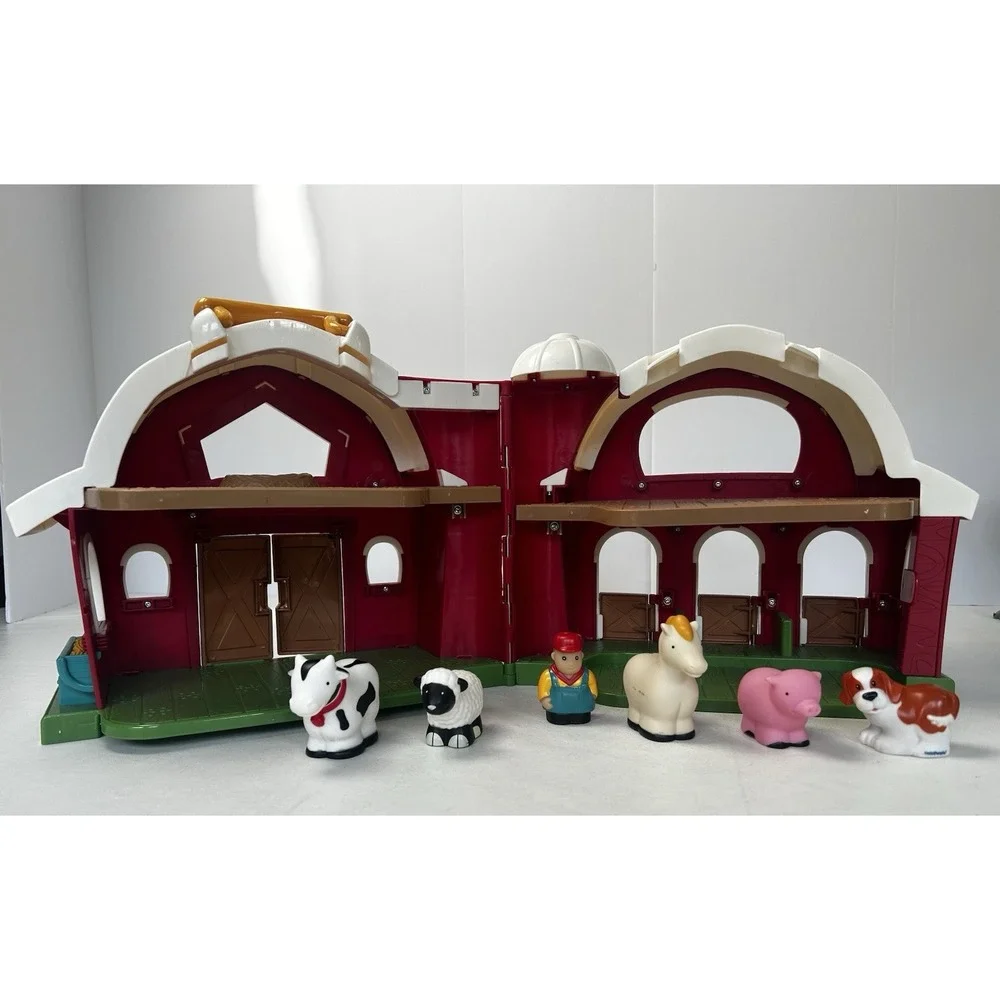 Vintage Fisher Price Hinged Red Barn Little People Farm W/Farmer & 5 Animals