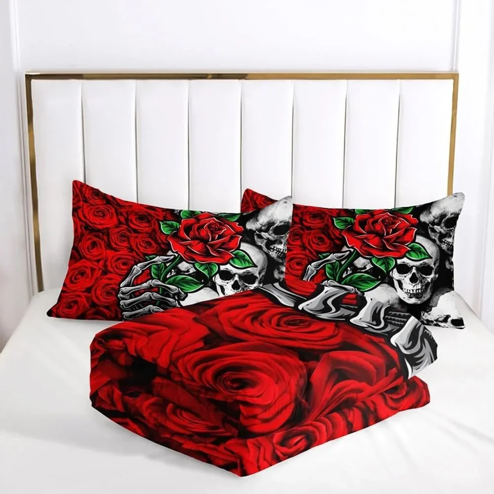 Roses Floral Skull Comforter Set Queen Sz