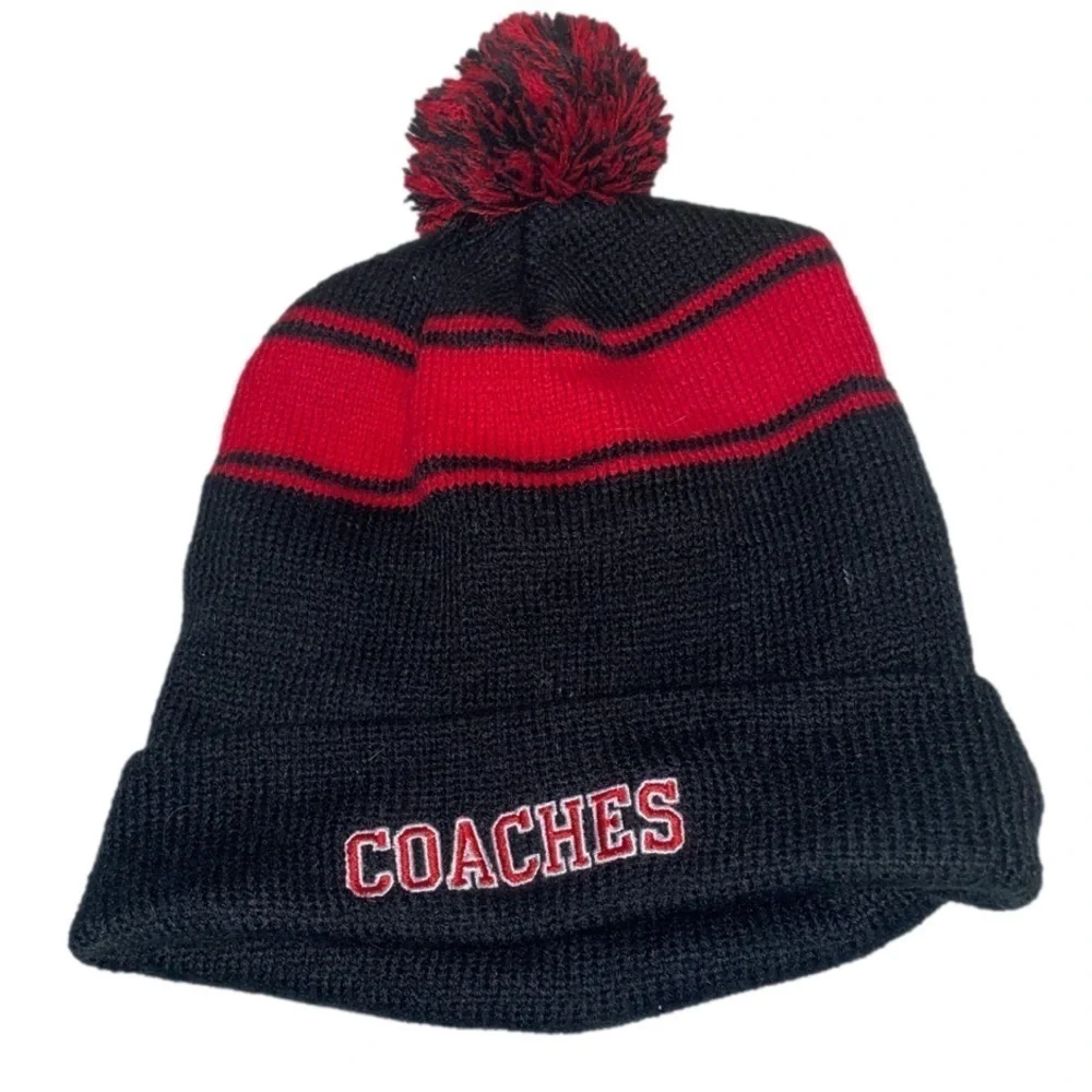 Preloved Sport Tek striped pom-pom beanie, eclectic grandpa reads “COACH”