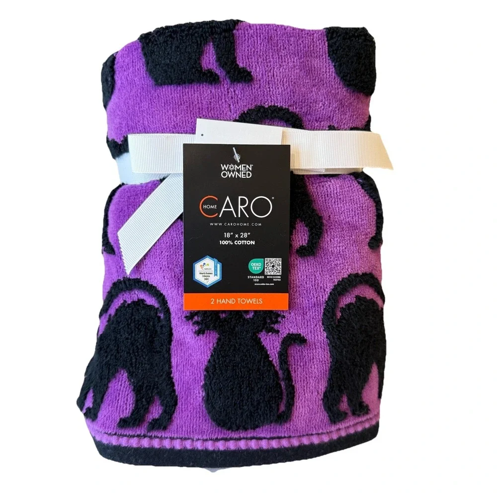 CARO Home Halloween Black Cat Hand Towels Set of 2 NEW!