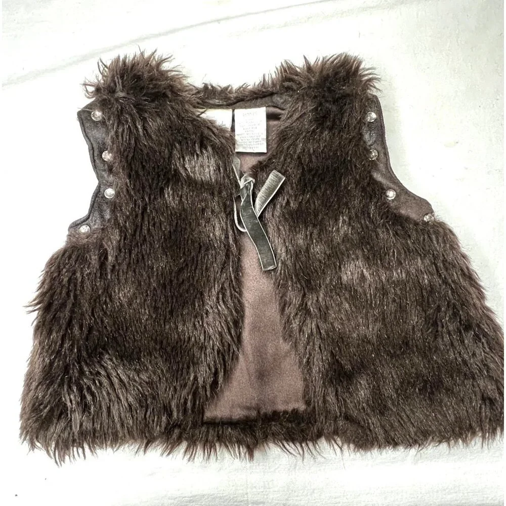 Kids Fake Fur Brown Vest 18 Months Tie Sequins