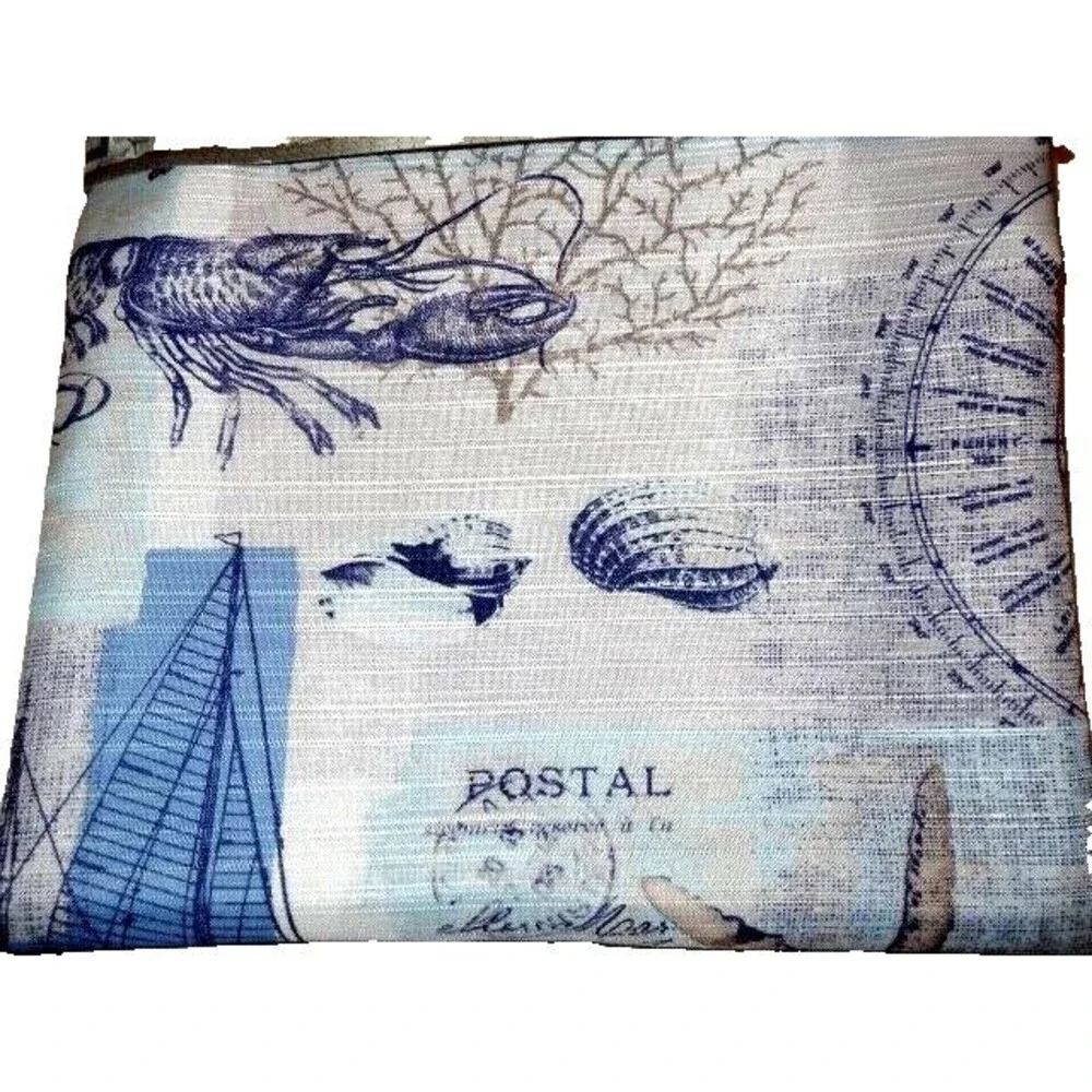 Nautical Postcard Fabric Shower Curtain Sailing Ship Lobster Sealife Blue White