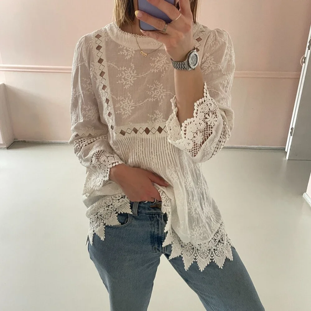 Cirana Floral Embroidery Lace Bohemian Blouse White X-Small