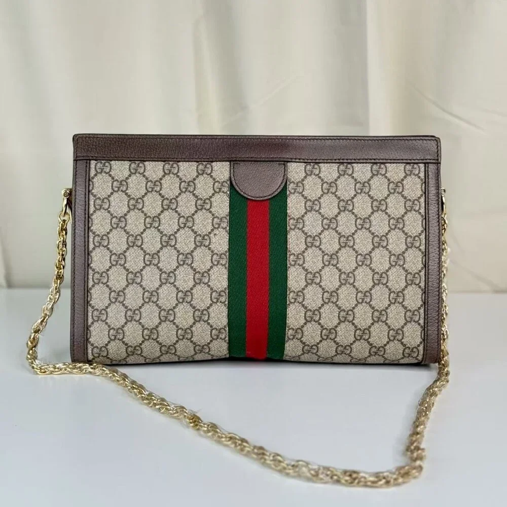 Gucci GG Logo Supreme Large Ophidia Shoulder Bag with Red & Green Stripes