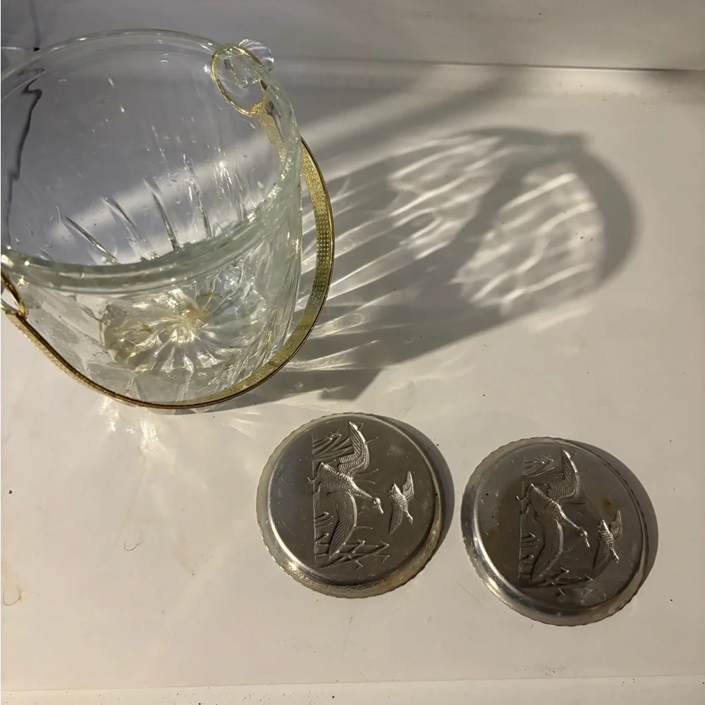 Vintage Glass Ice Bucket with Silver Coasters