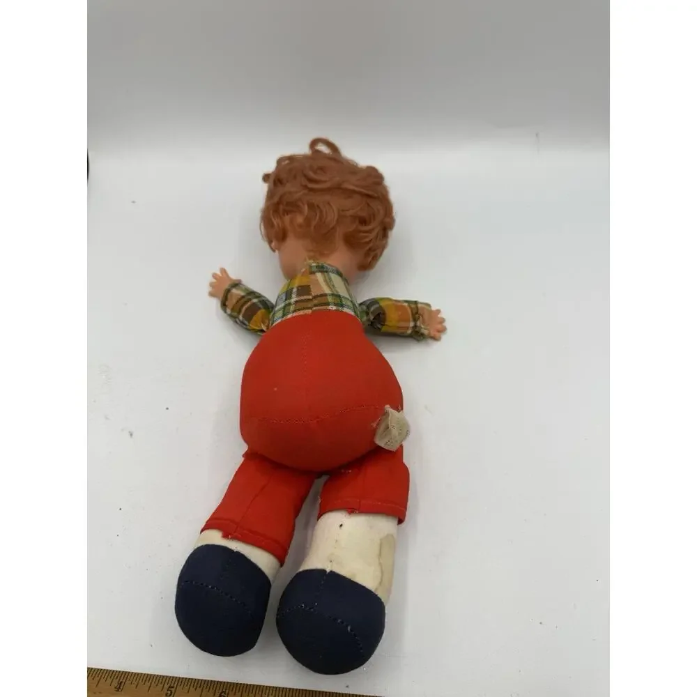 Vintage 1970s NASCO Cloth Body Doll Red Overalls Plaid Shirt Needs TLC
