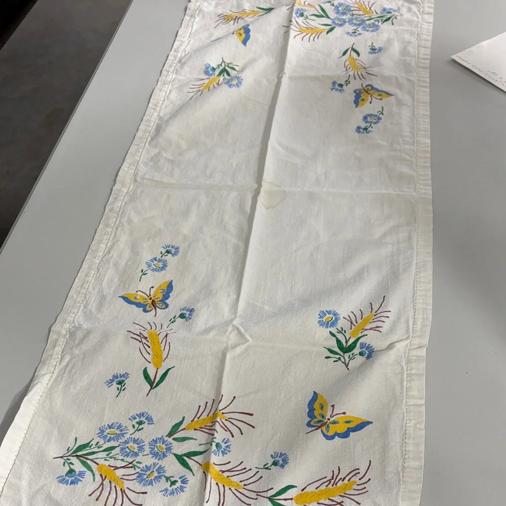 Floral Painted Table Runner - White with Yellow and Blue Accents