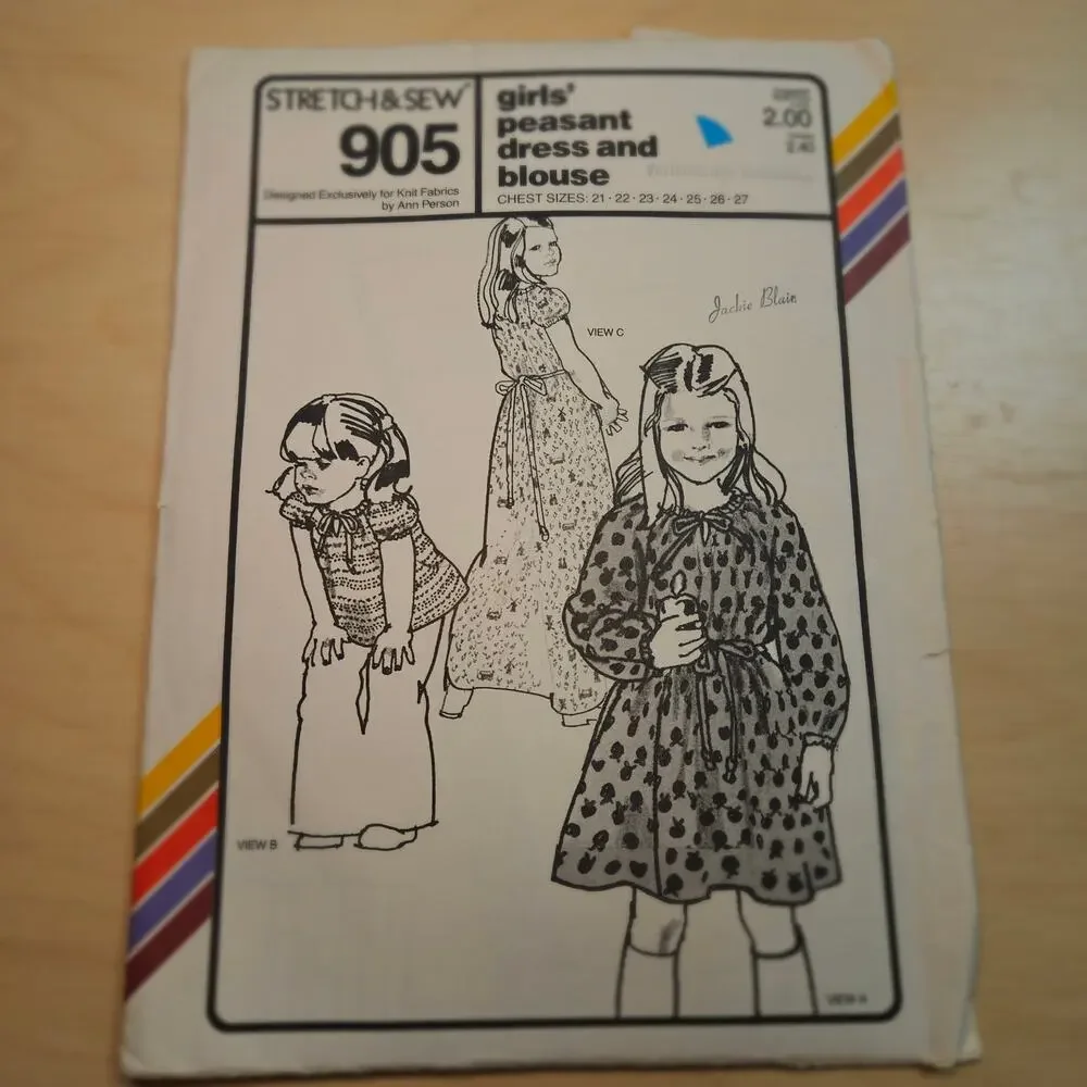 1979 Vintage 905 Girl's Peasant Dress & Blouse Stretch and Sew Chest Size 21-27