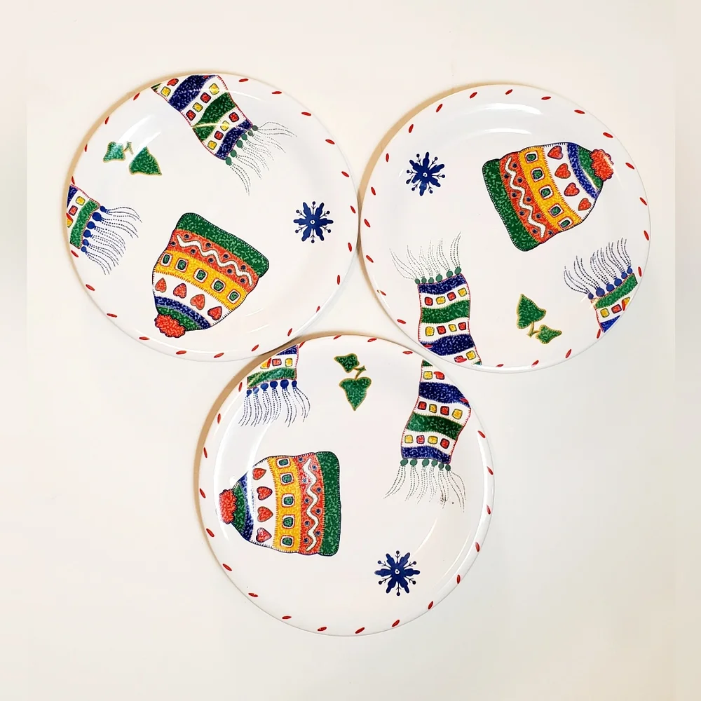 (3) Crate&Barrel Julia Bullmore Decorative Winter Skating Holiday Season Plates