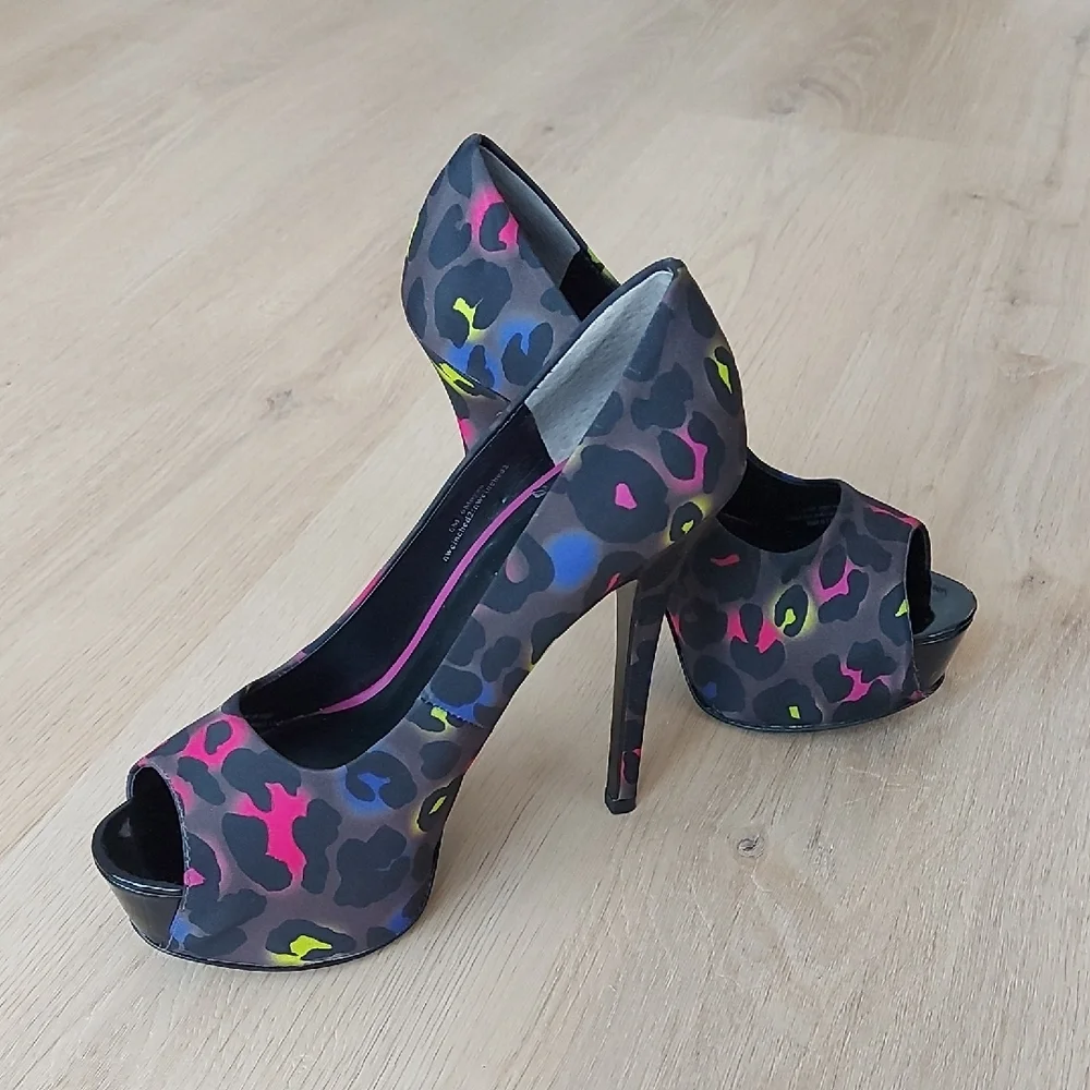Hot Pumps Black Grey Pink Peep-Toe Platform Heels