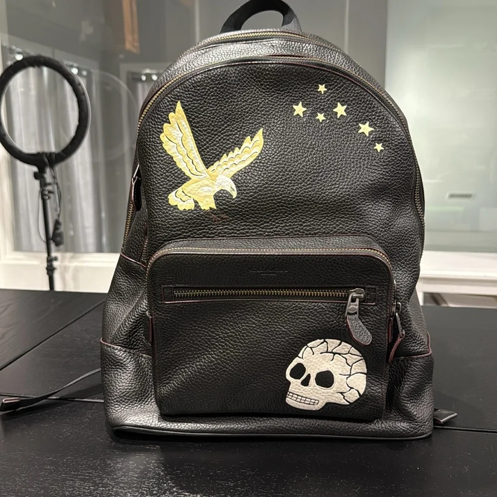 Coach Black Leather Backpack with Skull and Eagle