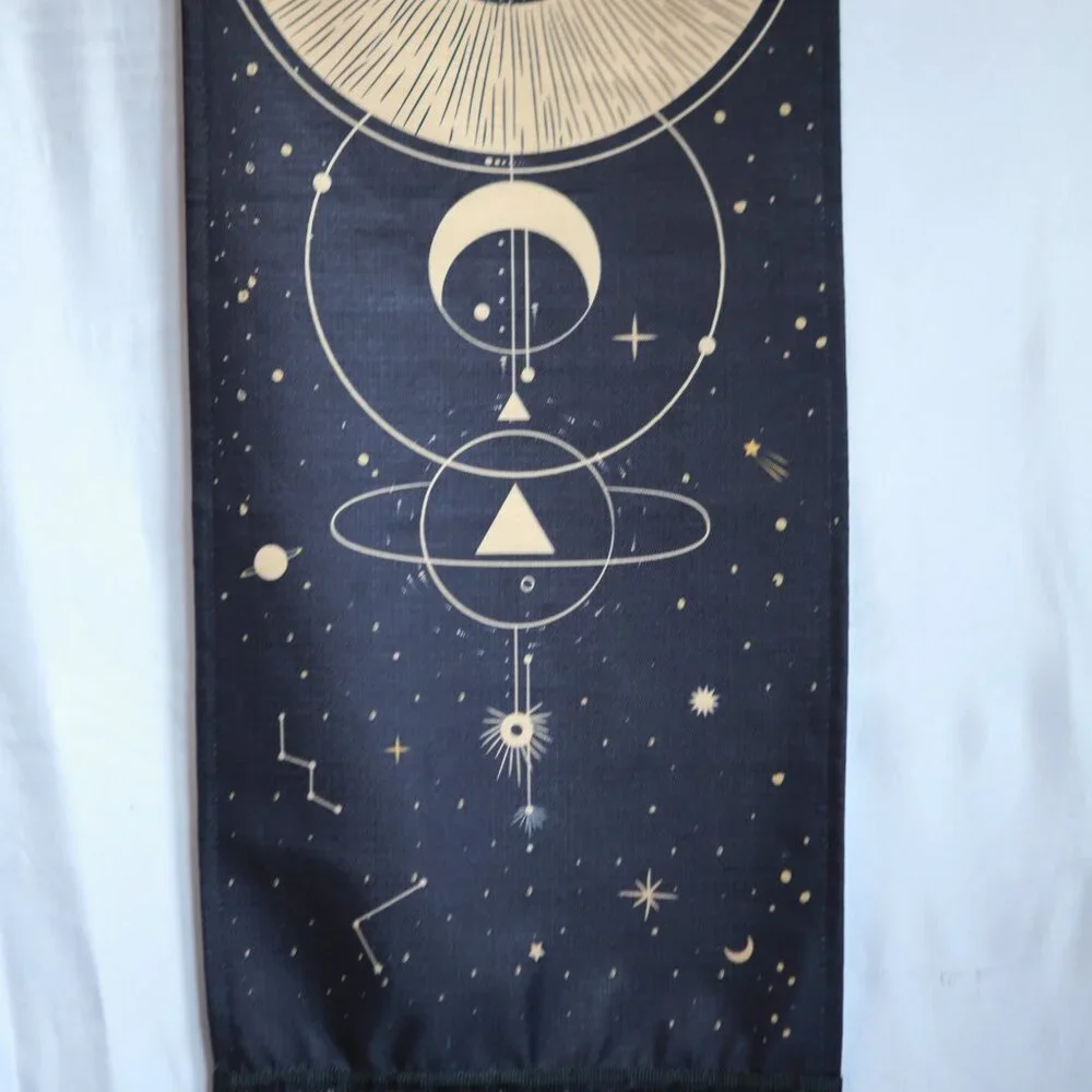 Black and Gold Mood Goddess Nylon Canvas Sacred Geometric Tassel Wall Tapestry