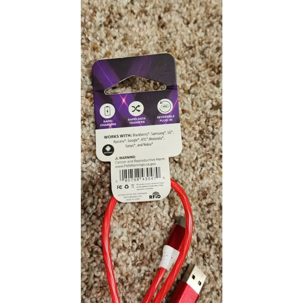 Light Up Cable USB Type C Charge & Sync 7' Reversible Plug Rapid Charge Red