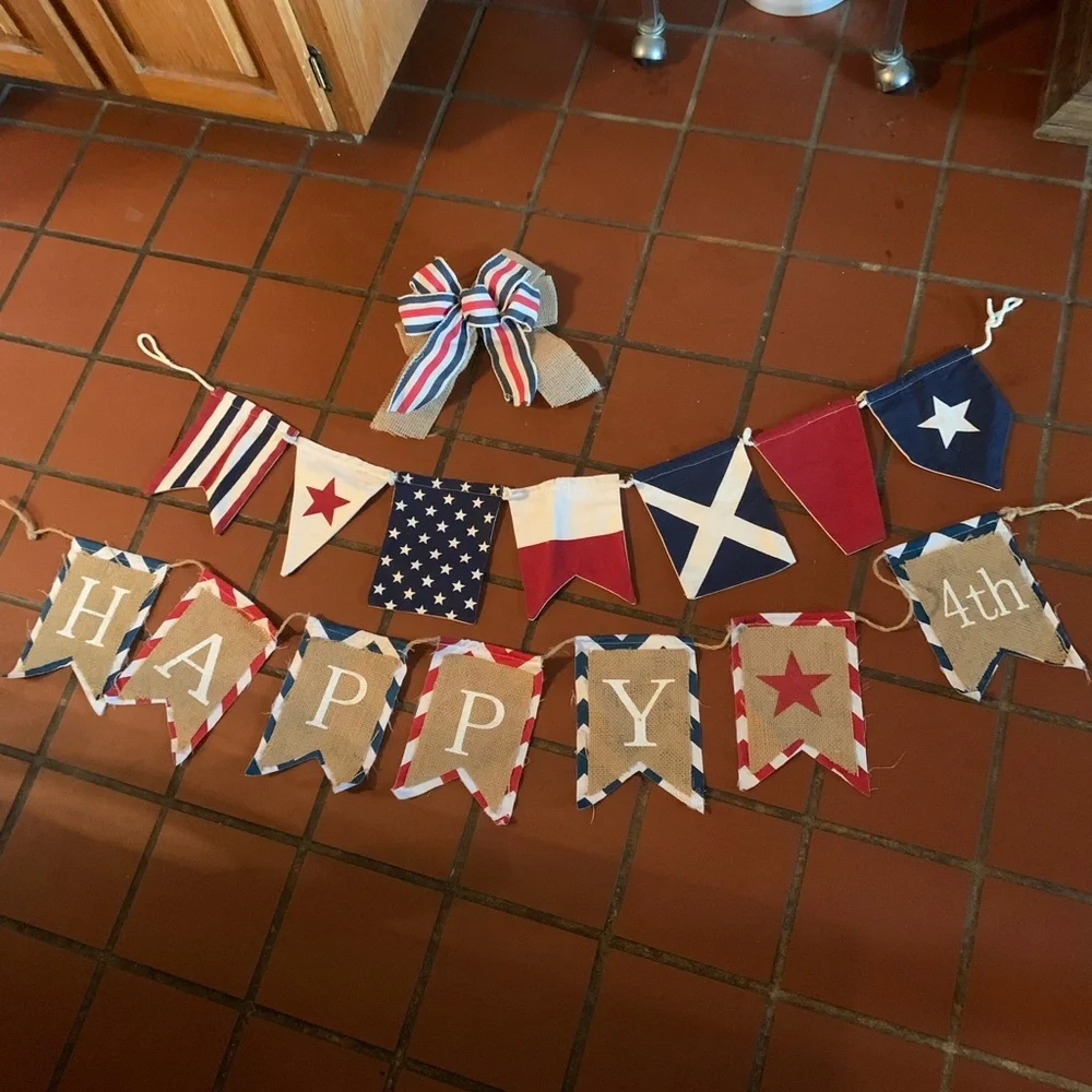 2 Pottery Barn patriotic garlands. JULY 4th and 1 bow. RED, WHITE and BLUE.