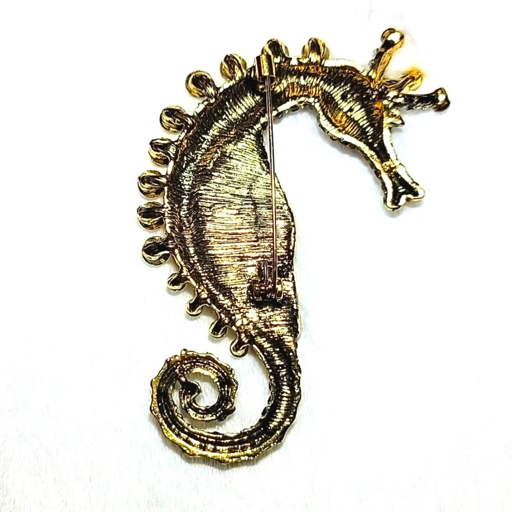 Fabulous Amber Colored Rhinestone & Abalone Sea Horse Gold Tone Brooch Pin