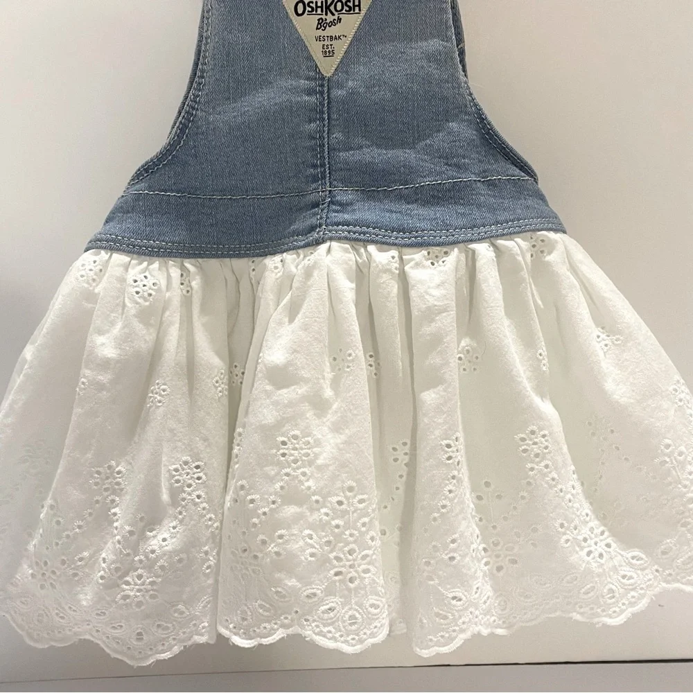 Oshkosh B'gosh Baby Girl 18M Denim Overall Jumper Dress White Eyelet Lace Skirt