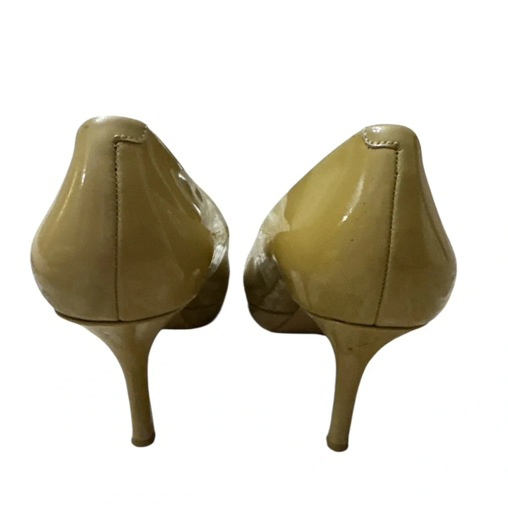 Vince Camuto Kira Blush Nude Patent Leather Tan Peep-Toe Heels