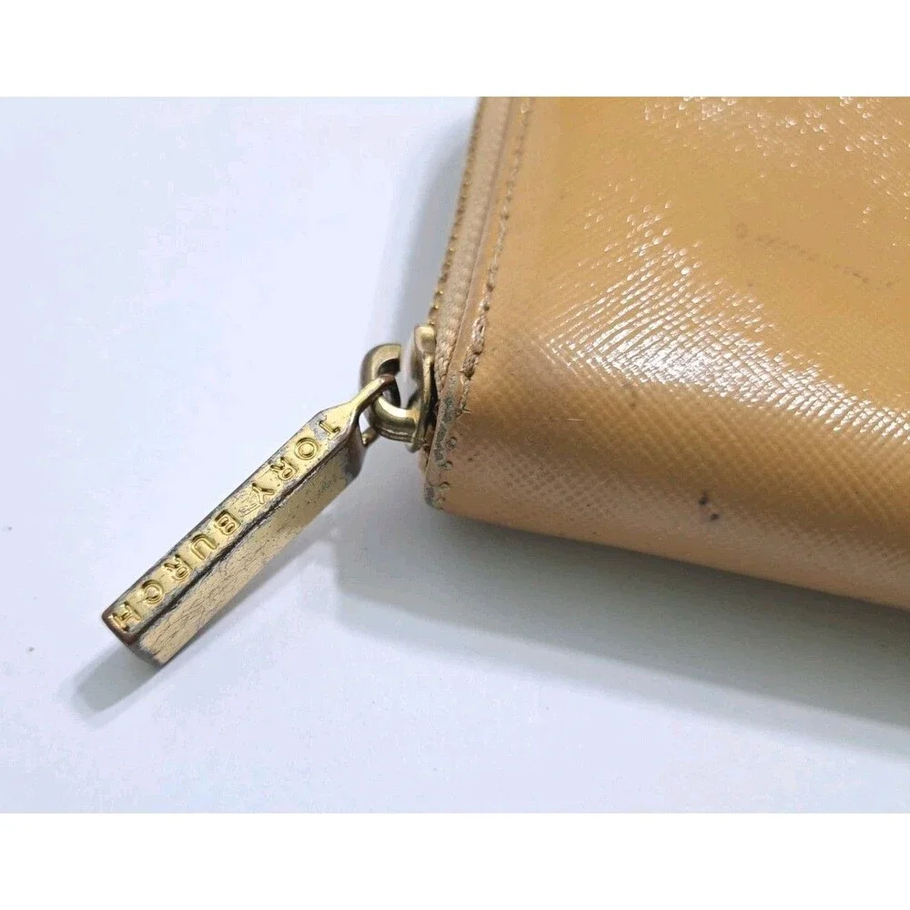 TORY BURCH Leather Robinson Continental Zip Around Wallet Tan Yellow Beige