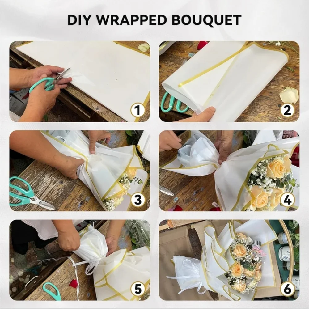 🍎 20 Sheets Bouquet Wrapping Paper DIY Waterproof Gift Wrap Crafts Gold Trim