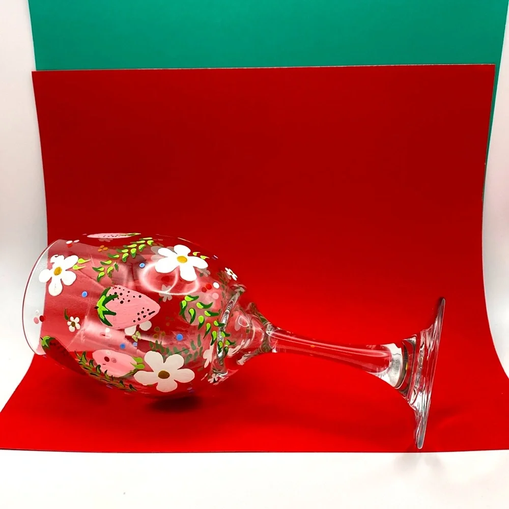 Hand-Painted Strawberry Floral Leaves And Polka Dots Wine Glass