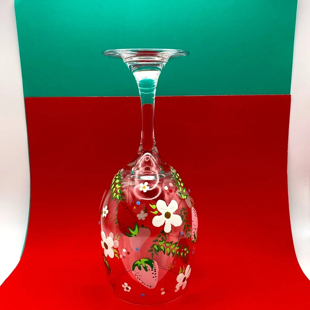 Hand-Painted Strawberry Floral Leaves And Polka Dots Wine Glass