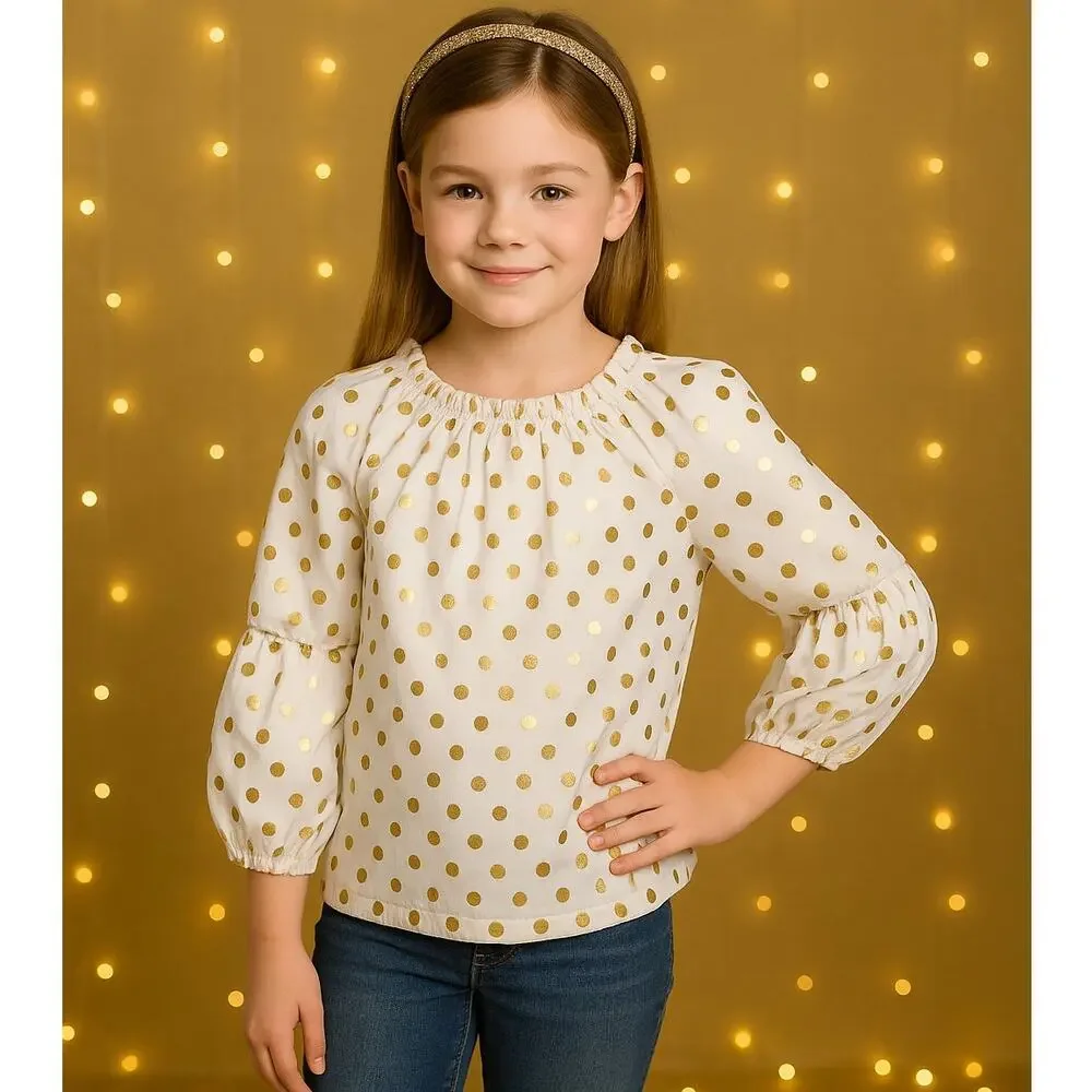 Crewcuts Elaine Bubble Sleeve Blouse with Shiny Gold Polka Dots | Girls Size 10