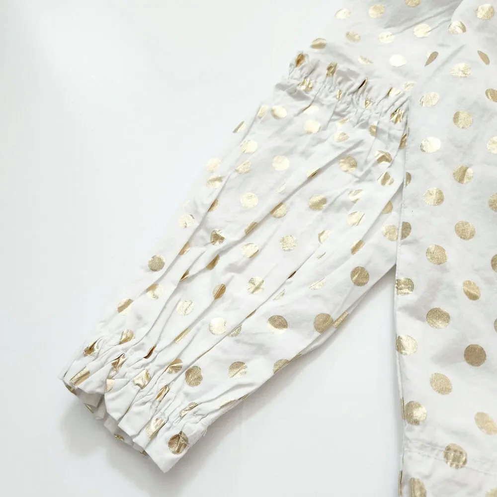 Crewcuts Elaine Bubble Sleeve Blouse with Shiny Gold Polka Dots | Girls Size 10