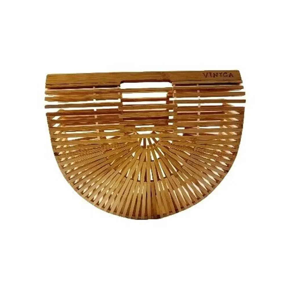 Vintage Purse Handbag Natural Bamboo Wood Half Moon Beach 11¼