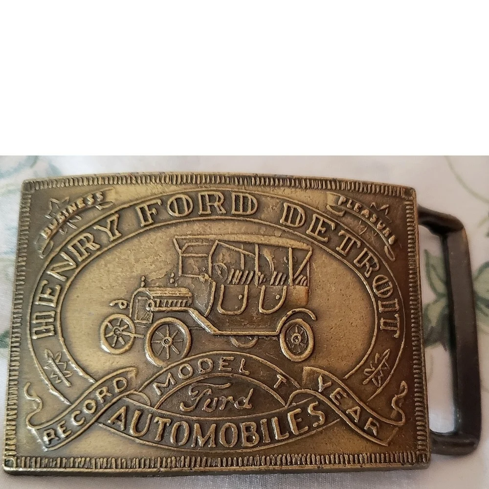 Vintage Brass Ford Motors Belt Buckle Henry Ford Detroit Model T Record Year