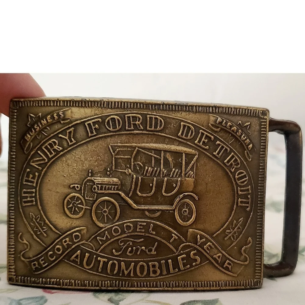 Vintage Brass Ford Motors Belt Buckle Henry Ford Detroit Model T Record Year
