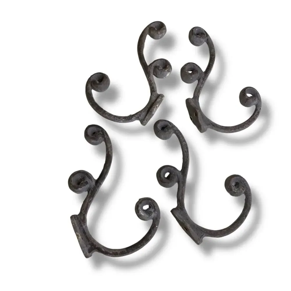 Set of 4 Hat Coat Hooks Vintage Scrolled Design Distressed Wall Hanging