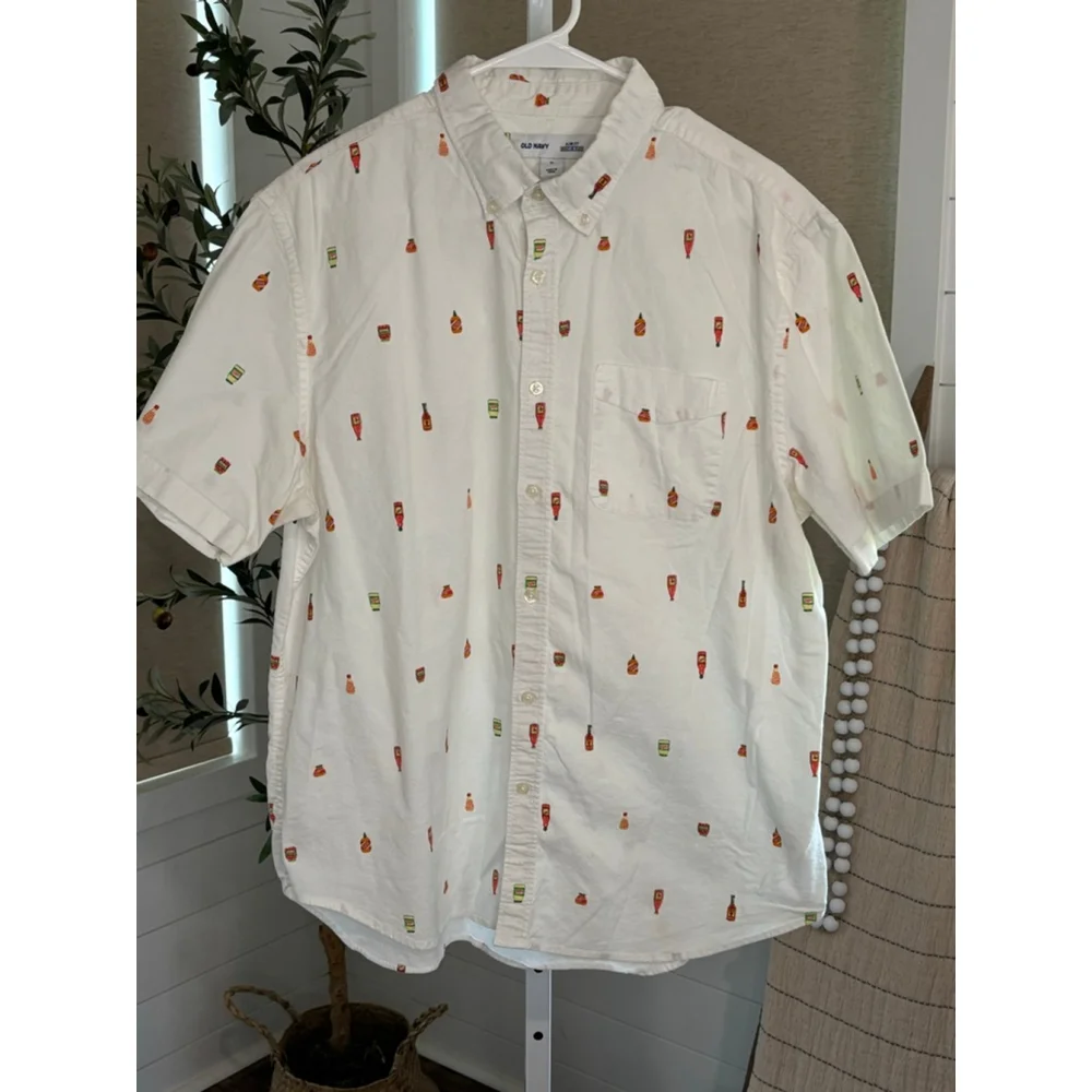 Old Navy White Condiment Print Slim Fit Casual Button Down Shirt Boys XL