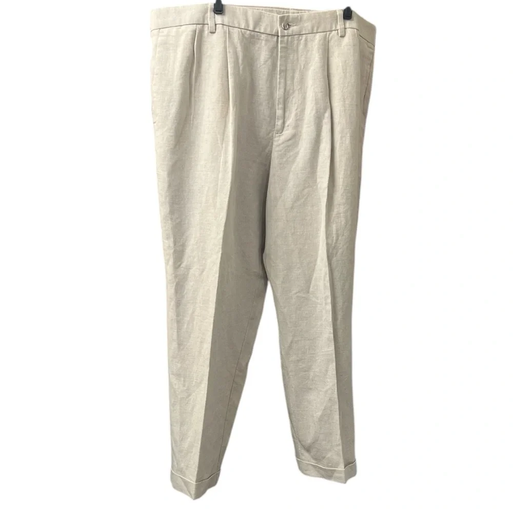NWT Dockers Linen Blend Pleated Straight Leg Trousers light beige size 44 x 30