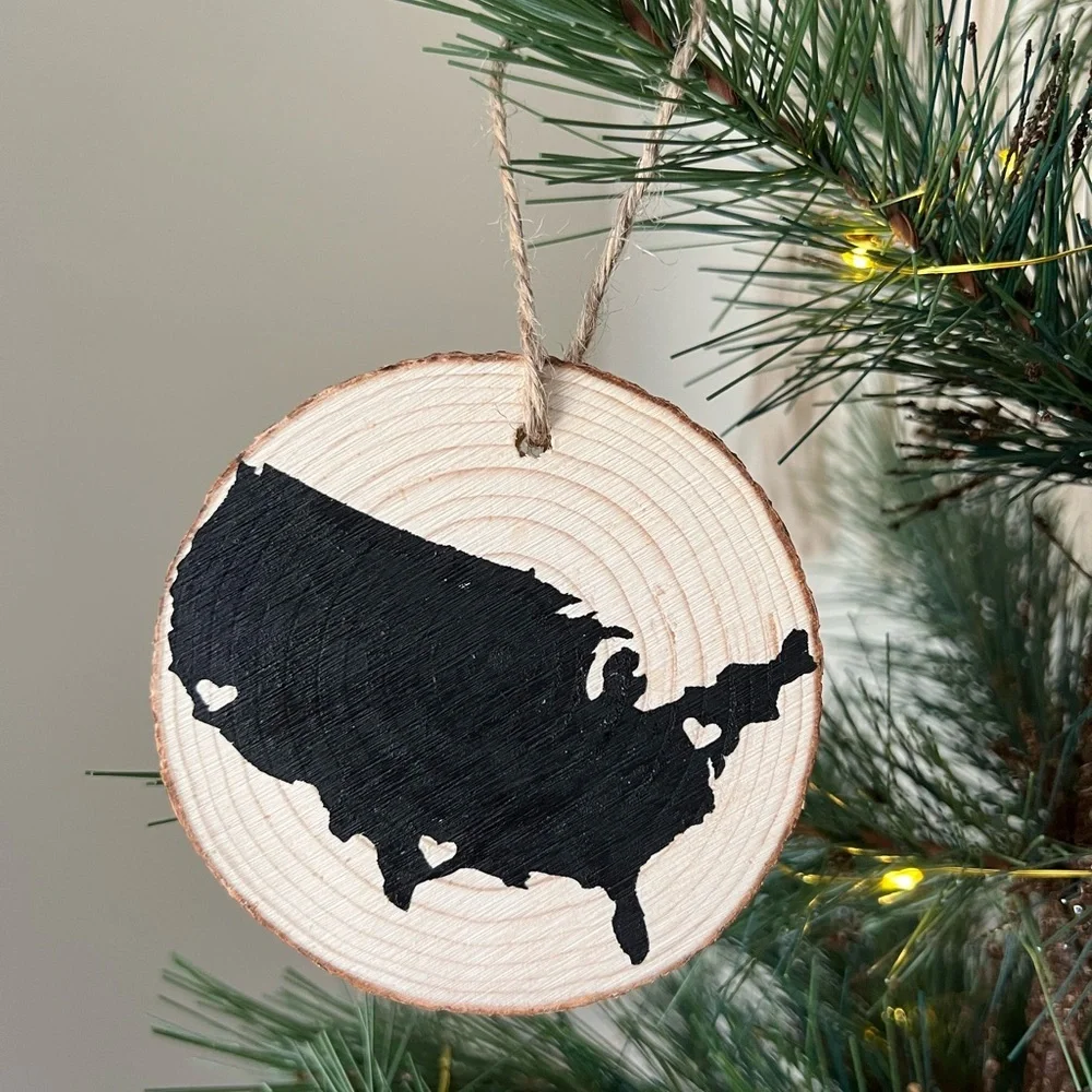 Handmade Long Distance Map Wooden Christmas Ornament
