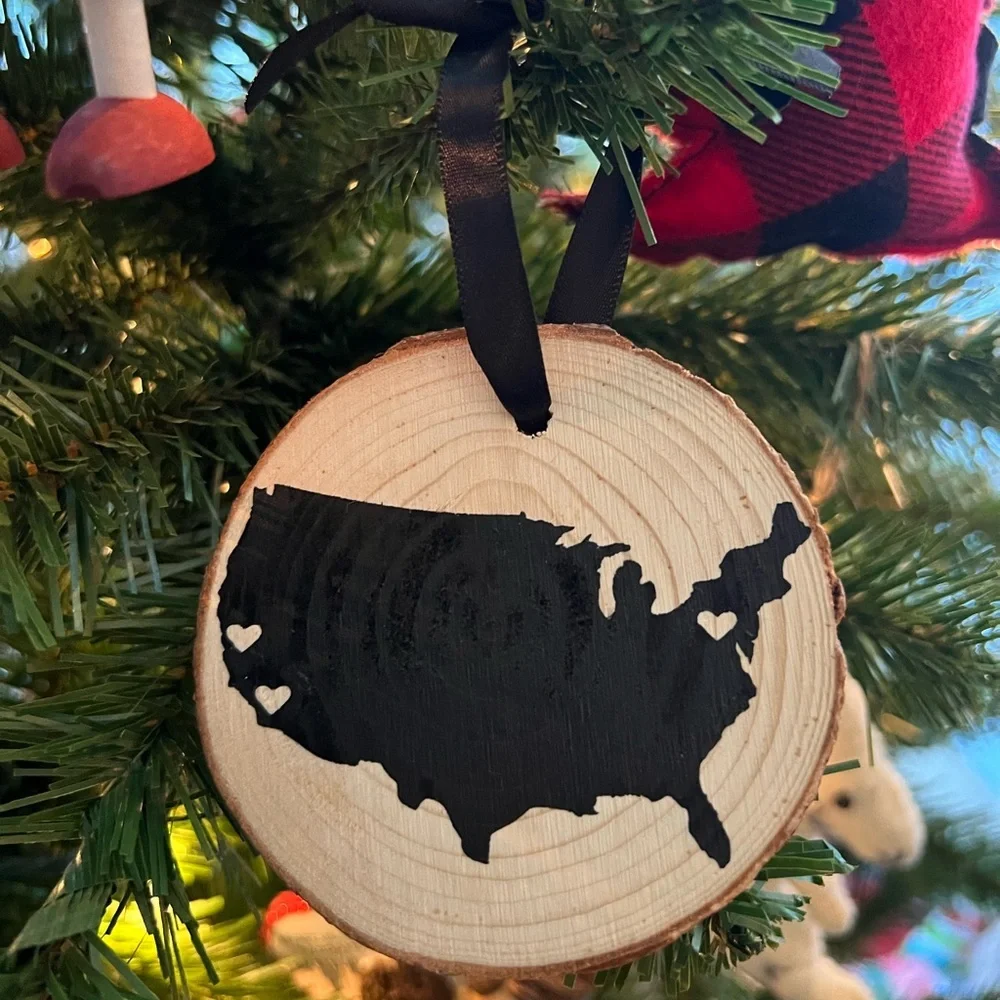 Handmade Long Distance Map Wooden Christmas Ornament